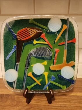 Peggy Karr Decorative Golf Glass Platter - Green Golf Clubs & Tees-Signed